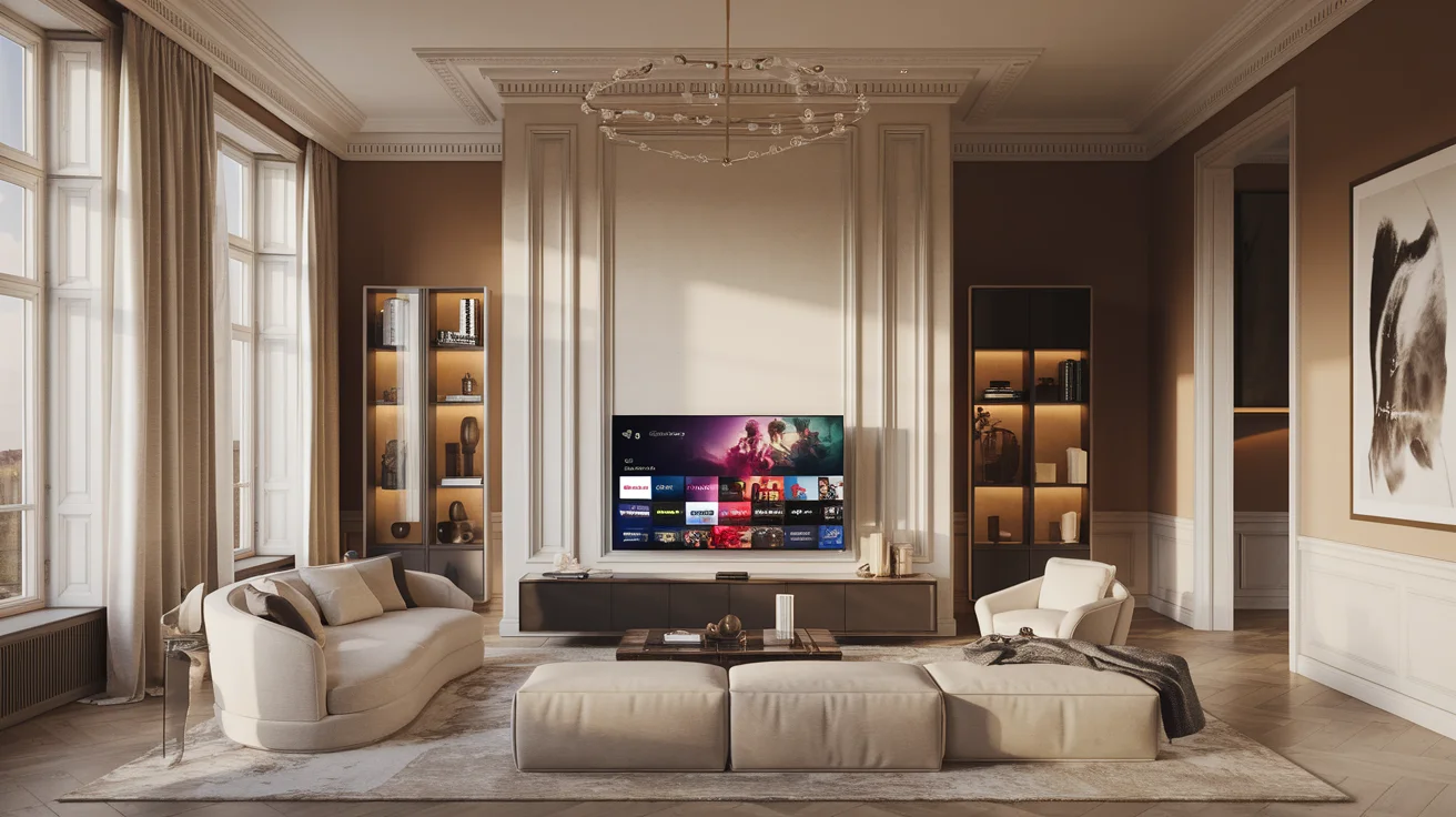 Modernes Wohnzimmer mit TV-Stream in warmem Nachmittagslicht â IPTV kaufen mit Zen VIVO in Deutschland