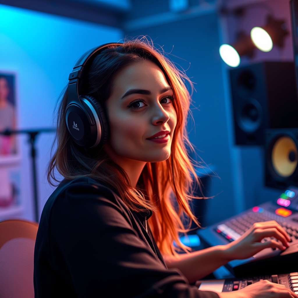 فنانة موسيقية احترافية تعمل في استوديو متقدم - اشتراك iptv يوفر محتوى موسيقي حصري
