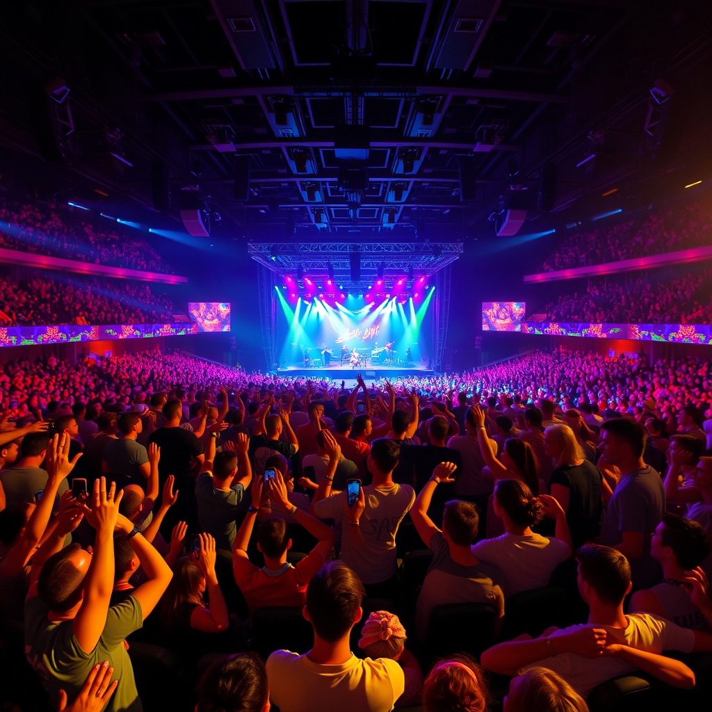 Foule enthousiaste dans une salle de concert, montrant la portée mondiale de My Hero Academia et l'accès via meilleur IPTV