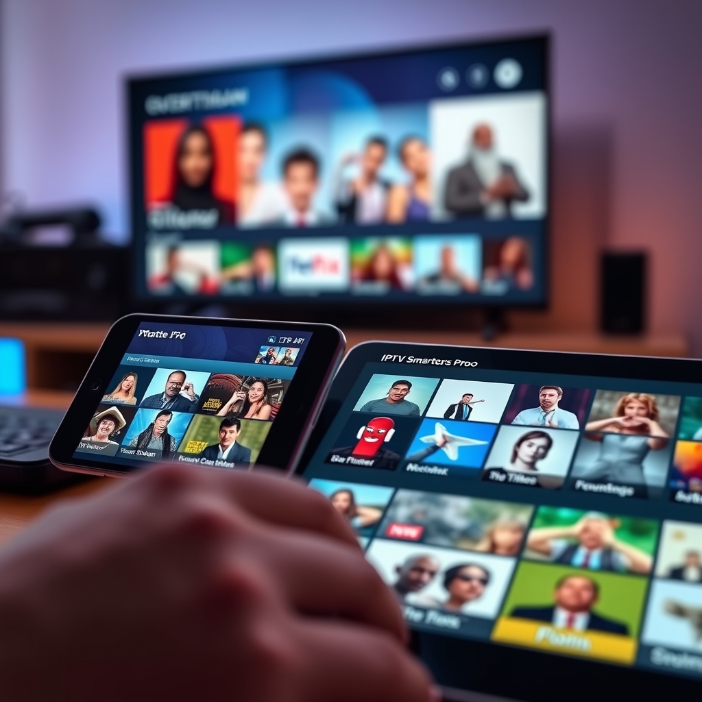 IPTV service app interface showing premium entertainment channels and streaming options